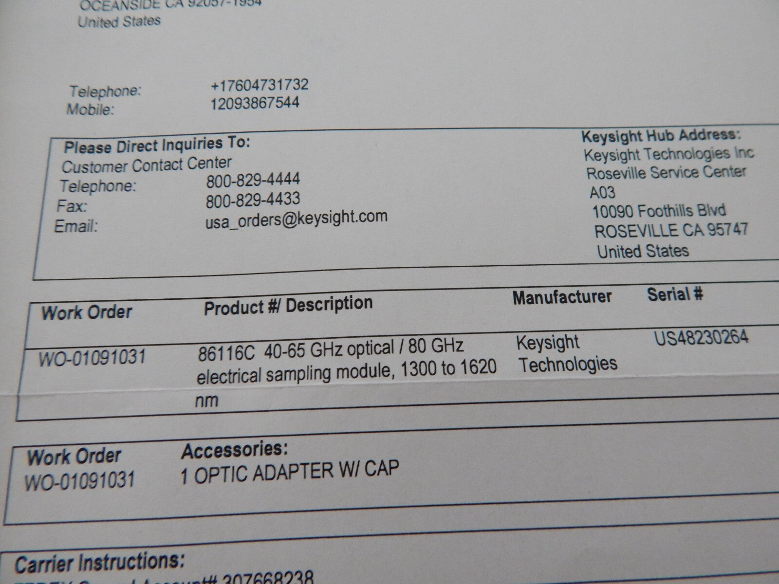 Agilent 86116C 80GHz Electrical/65Ghz Optical Mod. Opt 040, Keysight cal. 4/2025 Agilent 86116C 80GHz Electrical/65Ghz Optical Mod. Opt 040, Keysight cal. 4/2025